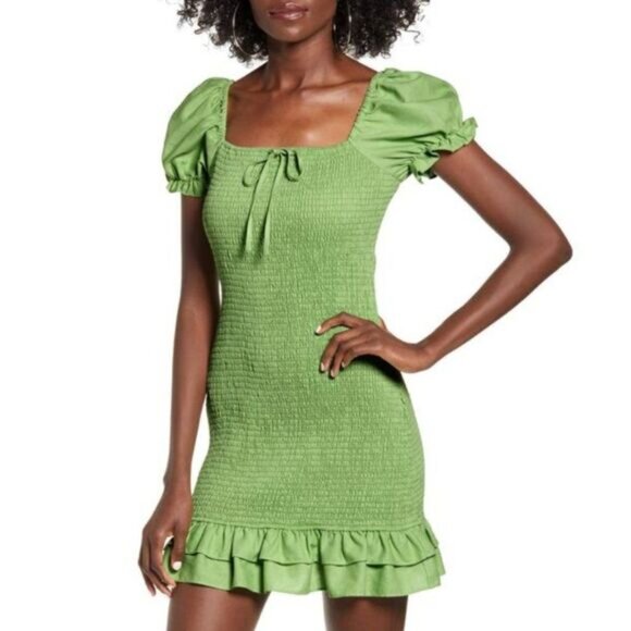 ENGLISH FACTORY / Smocked Ruffle Hem Puff Sleeve Mini Dress Green Sz M - Picture 2 of 14